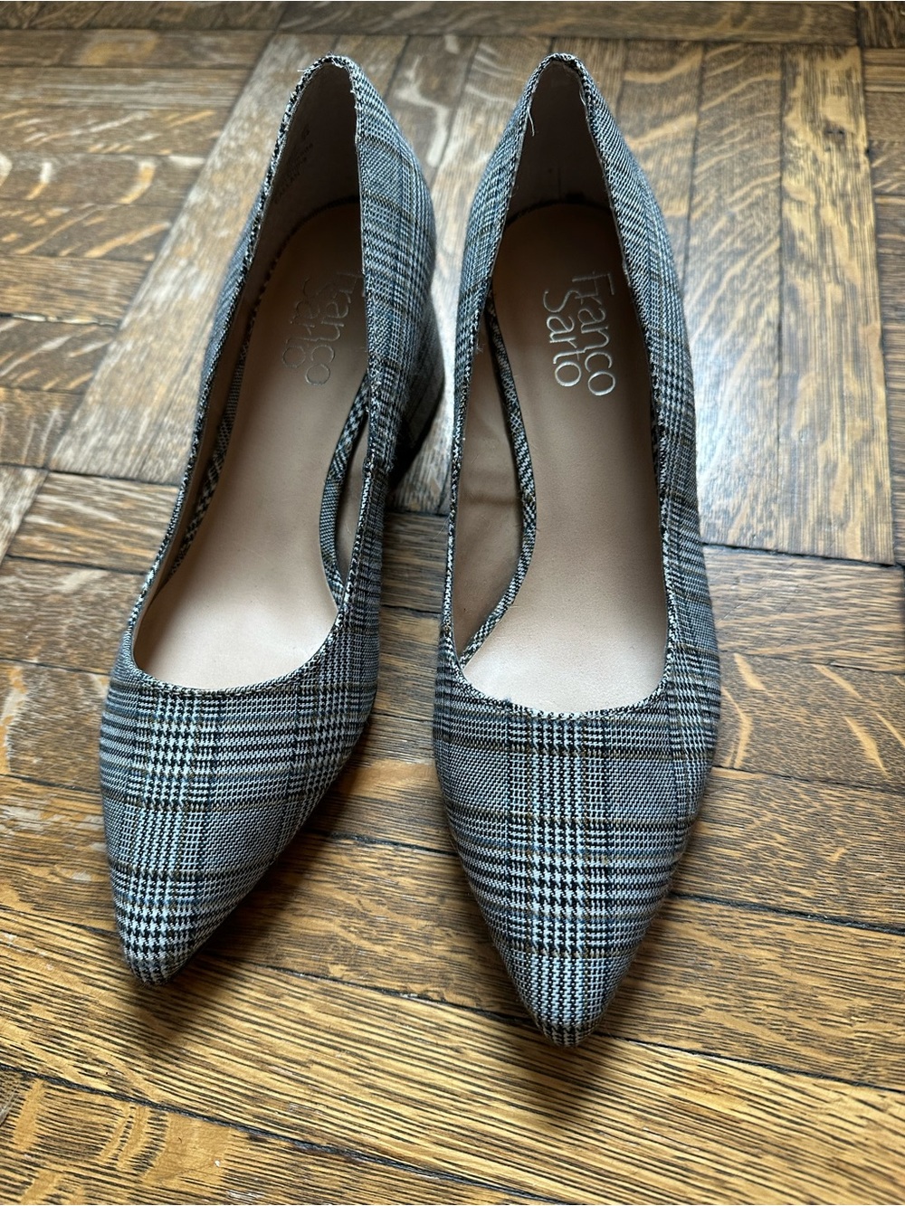 Franco Sarto Gray Plaid Pointed Toe Heels